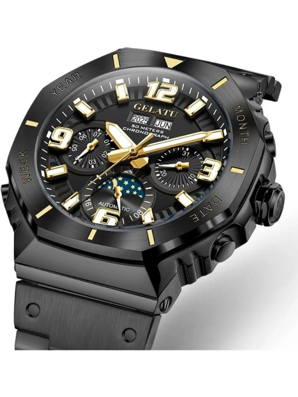 Men's Black & Gold Automatic Mechanical Multi-Function Chronograph Wrist Watch